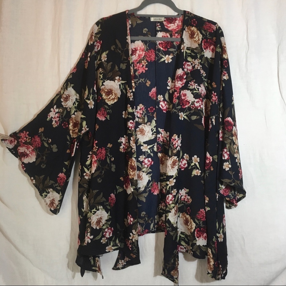 Floral Oversized Bell Sleeve Mid Length Kimono